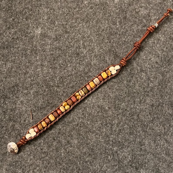 Leather Wrap Bracelet - Red Creek Jasper, Serpentine Jade, Silver Artisan Button - Picture 1 of 8